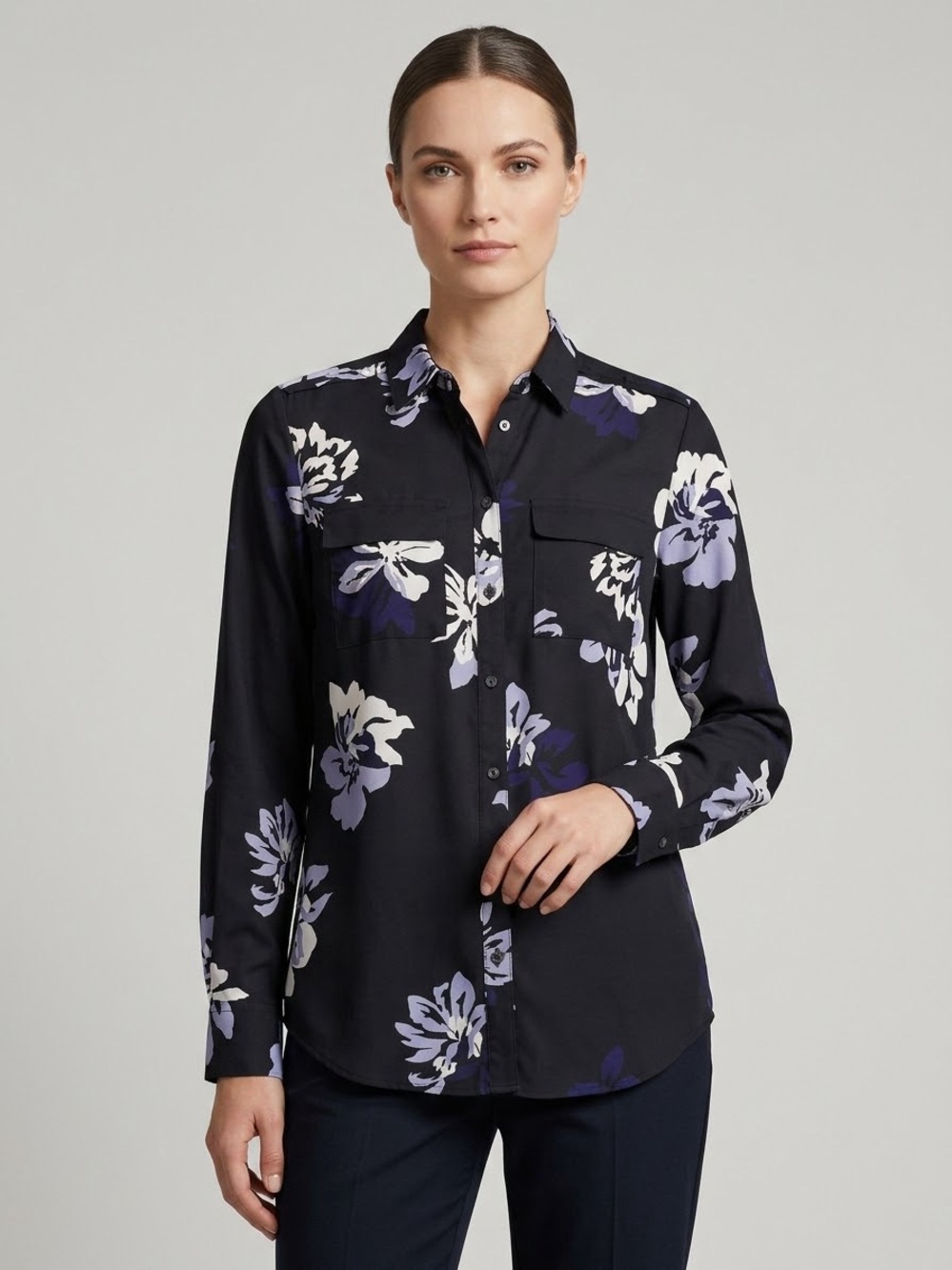 Banana Republic Black Floral Button-Down Shirt with Lavender & White Flowers